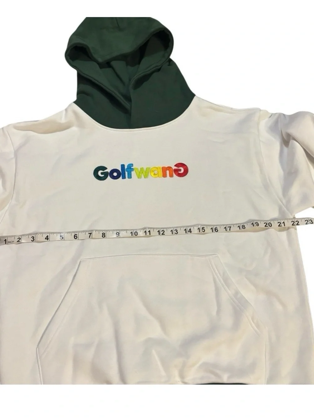 Golf Wang / Tyler the Creator White Hoodie with Green Hood and Trim / happy logo